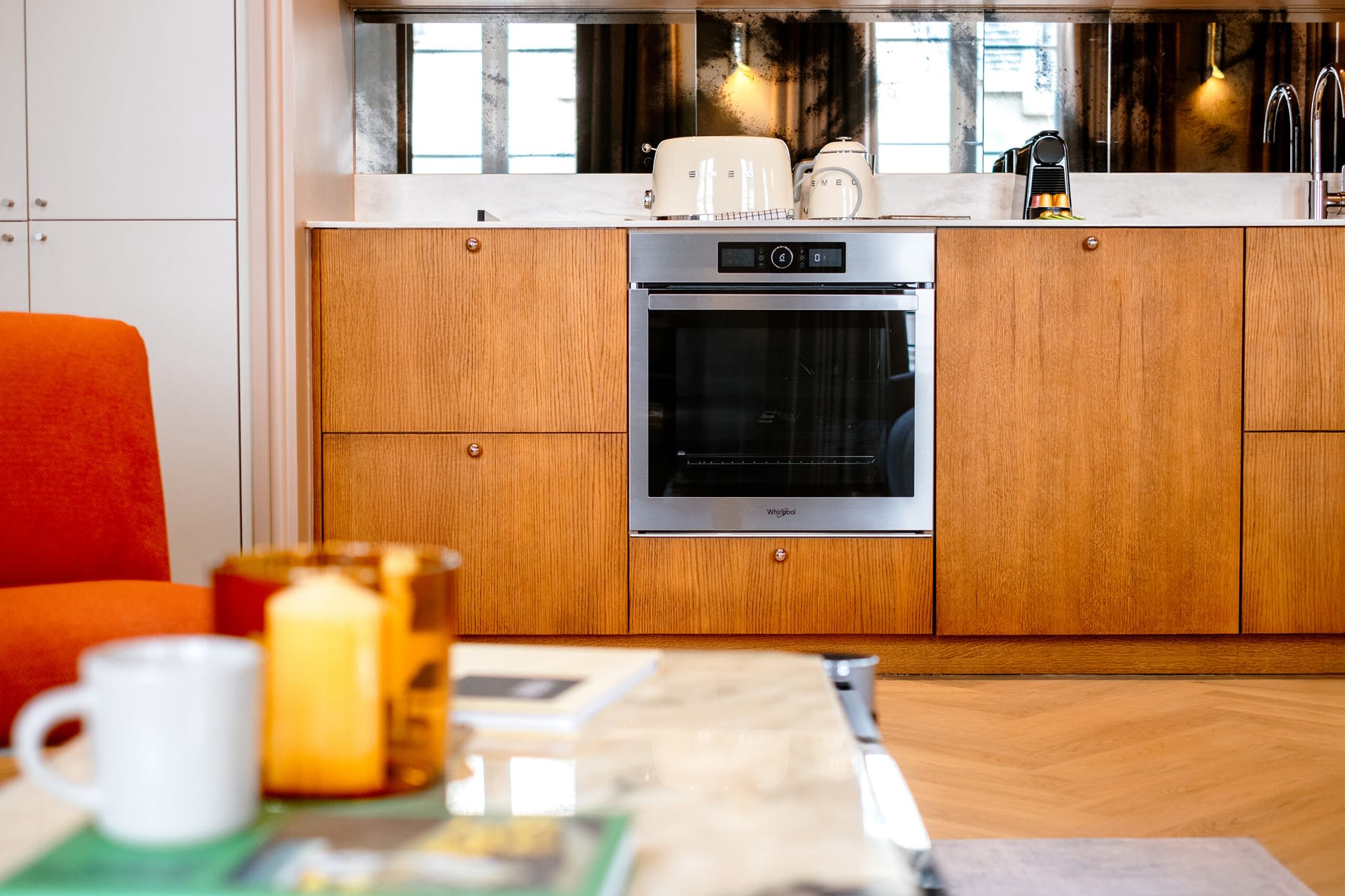 Compact kitchen area with microwave and modern design in a vacation rental
